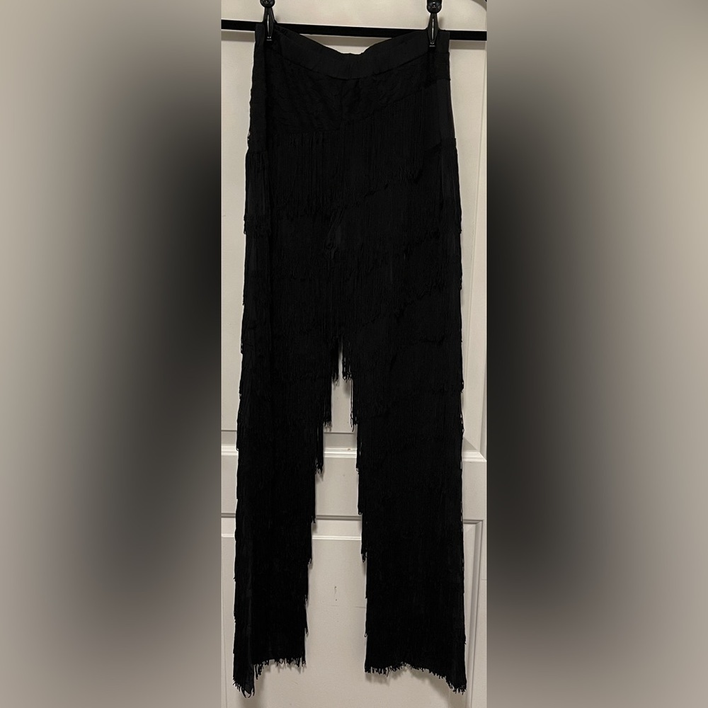Black Layered Fringe Pants Wide Leg Tassel Streetwear Boho Festival Goth Small - Picture 7 of 8